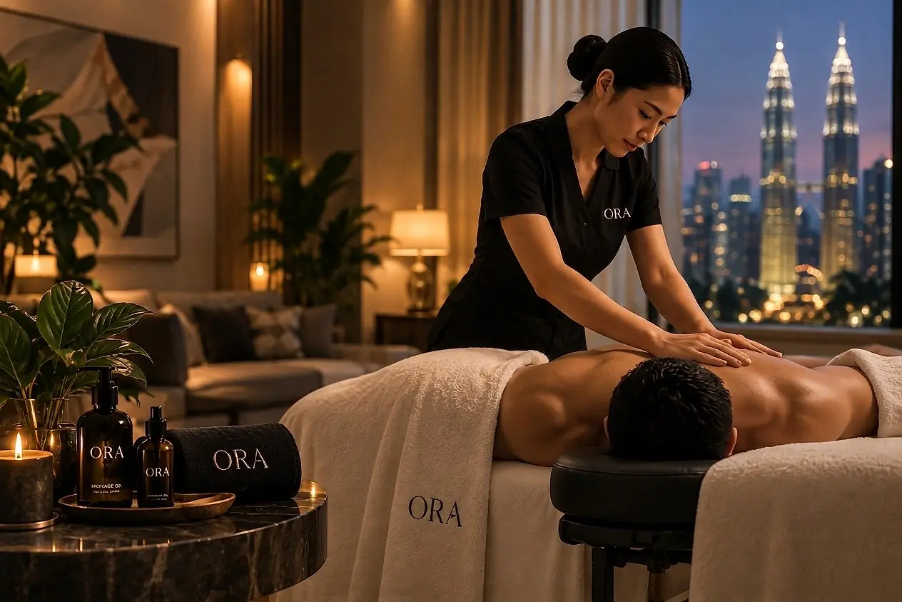 An ORA therapist giving a back massage in a candlelit living room, with the Petronas Towers lit at night through the window